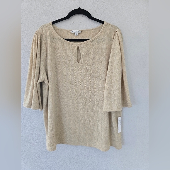 Zac & Rachel Metallic Blouse Women Sz L Beige Flutter 3/4 Sleeve Front Cut  Out - Picture 3 of 13